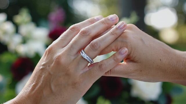 Sliding hand with stacked rings over other hand in garden, white sleeve, adjusting after placing
