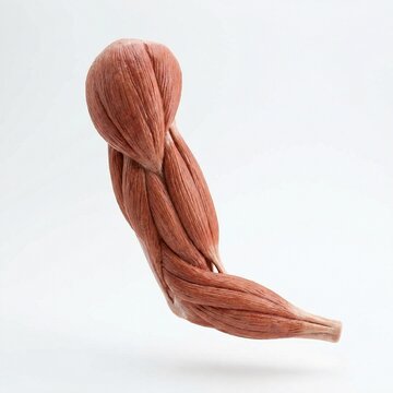 A muscular human bicep brachii muscle model is shown in a dynamic pose on a clean surface.