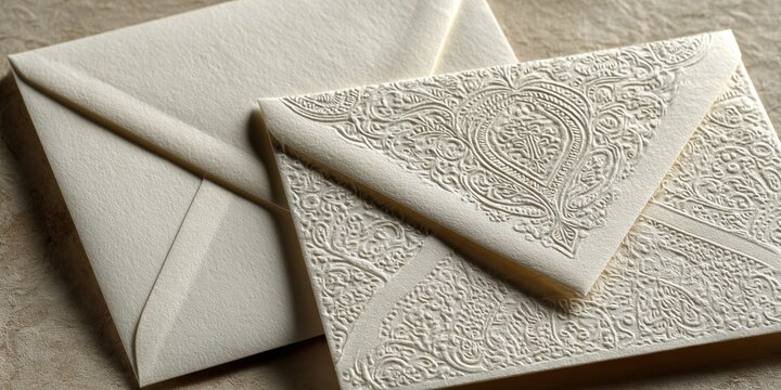 Ivory embossed wedding invitation card with ornate heart motif and detailed relief patterns on textured paper, ideal for luxury wedding stationery campaigns and ceremonial branding