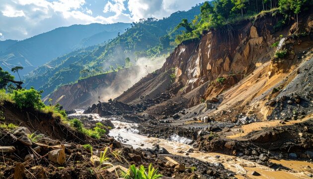 Massive landslide and mudflow cascading down a steep mountain slope into a river, showcasing nature's destructive power.