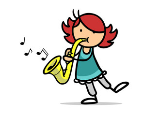 Obraz premium Cartoon Mädchen lernt Saxophon spielen in Musikschule