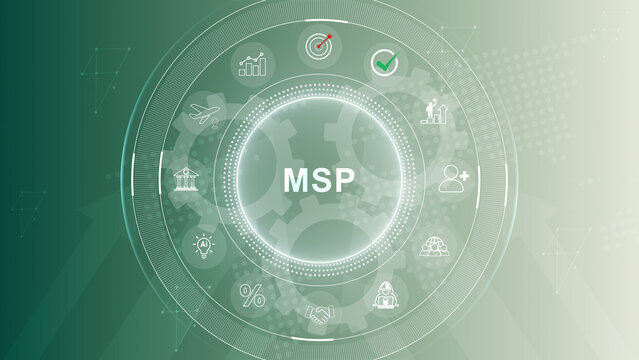 MSP acronym, managed service provider concept, A managed service provider is a third party company that remotely. 3d Motion graphics of technology icon interface background