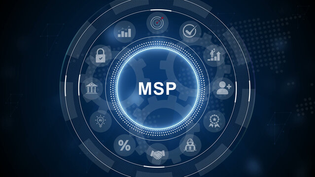 MSP acronym, managed service provider concept, A managed service provider is a third party company that remotely. 3d Motion graphics of technology icon interface background
