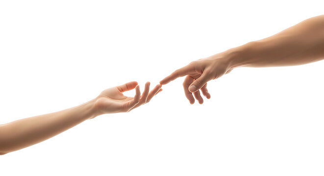 Close-up of two hands reaching out to touch fingers with white background