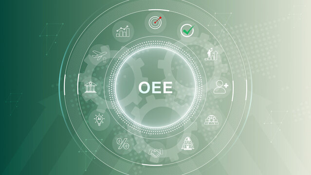 OEE acronym, overall equipment effectiveness concept, identifies the percentage of manufacturing time that is truly productive. 3d Motion graphics of technology icon interface background