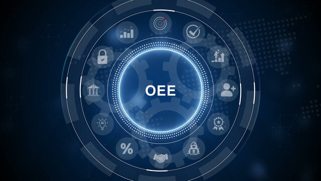 OEE acronym, overall equipment effectiveness concept, identifies the percentage of manufacturing time that is truly productive. 3d Motion graphics of technology icon interface background