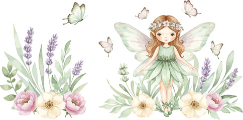 Fototapeta premium Whimsical fairy standing amidst flowers and fluttering butterflies in a serene garden scene