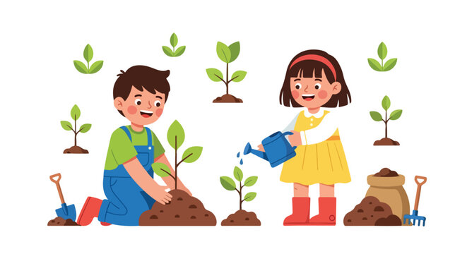 Two cheerful children are actively gardening, with one boy planting a sapling and a girl watering plants, featuring various garden tools.