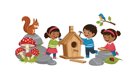 Naklejka premium Three happy children work together to build a wooden birdhouse while a squirrel and a bluebird watch them in a playful outdoor setting.