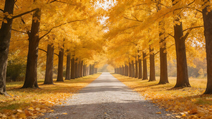 Fototapeta premium Autumnal treelined road with golden leaves