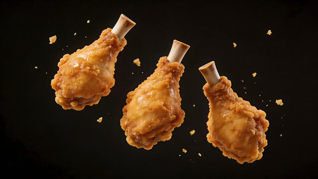 Three fried chicken drumsticks in midair