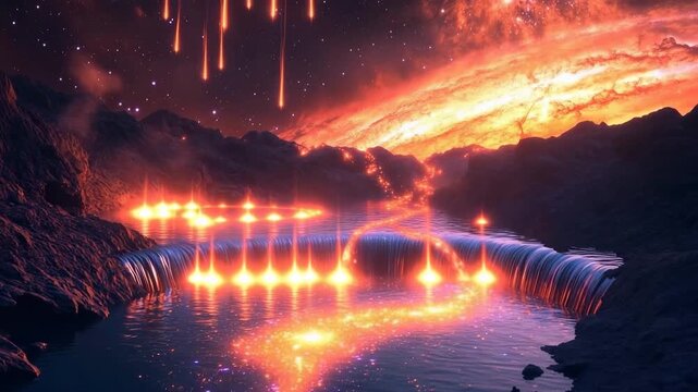 Cosmic landscape where shooting stars cascade into a vibrant galaxy under a starlit sky