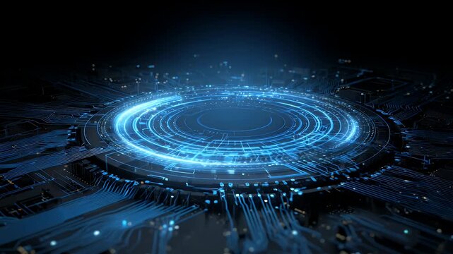 Abstract futuristic glowing blue circular circuit board animation motion graphics with data streams and particles.