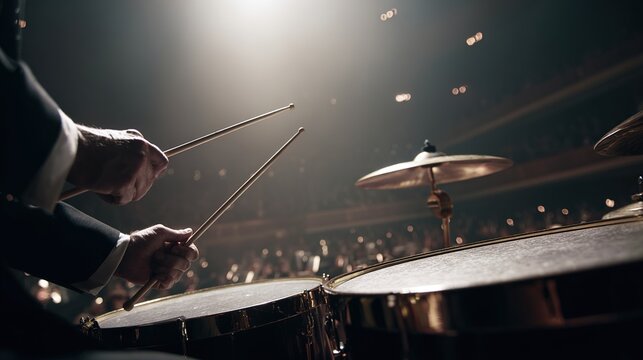 timpani. Orchestra percussionist poised over timpani on stage with dramatic lighting. event programs, museum guides, designed for cultural heritage projects and event programs, supports education.