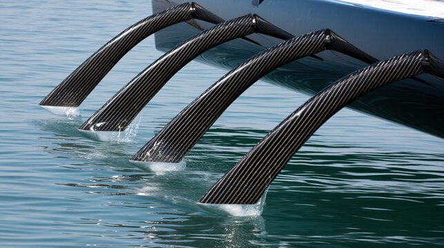 median. Slender carbon fiber outriggers extending from a racing boat on calm water, dynamic angle. product launch decks, UI/UX mockups, designed for product launches and innovation pitches.