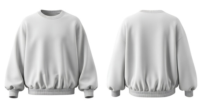 Front and back view of a white oversized long-sleeve sweatshirt with ruffled neckline and elastic cuffs