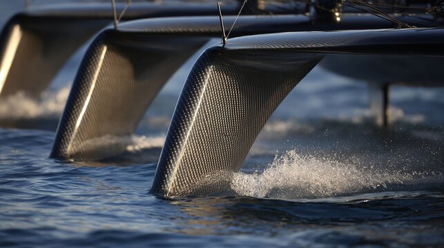 median. Slender carbon fiber outriggers extending from a racing boat on calm water, dynamic angle. product launch decks, UI/UX mockups, designed for product launches and innovation pitches.