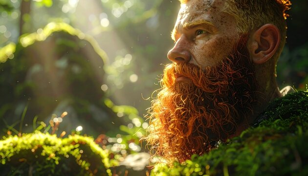 Rugged Man with Untamed Ginger Beard in Lush Forest with Sunbeams