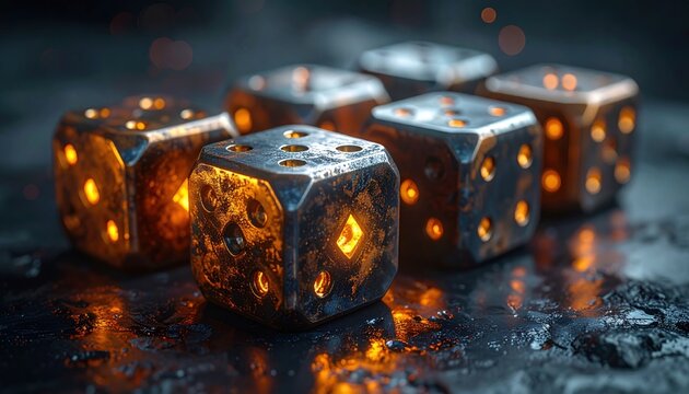Set of Custom Metal Dice with Glowing Inserts, Ready for Tabletop Gaming Adventures