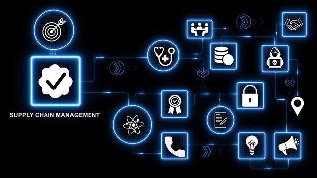 Supply chain management system with glowing blue digital icons connected logistics network flow tracking business operations concept motion graphics 4k animation video