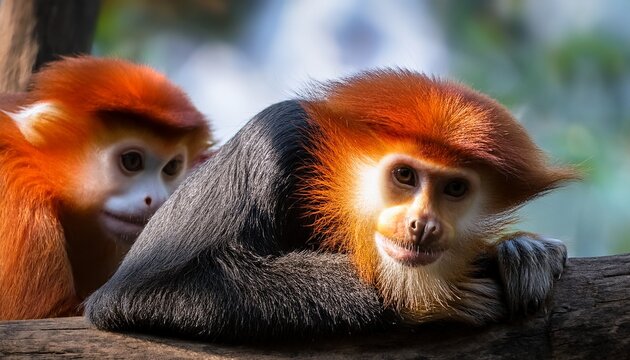 two red shanked douc langurs rest on a log as sunlight filters through the enclosure highlighting their distinctive orange faces white whiskers and strikingly colored limbs