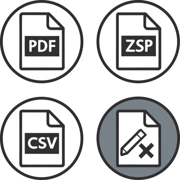 Document file type icons with PDF, ZSP, CSV and editable deletion symbol in colorful circles
