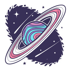 Abstract vibrant saturn planet with colorful rings, stylized stars, and ethereal shapes in deep space, cosmic and dreamy illustration. © Md.Belal