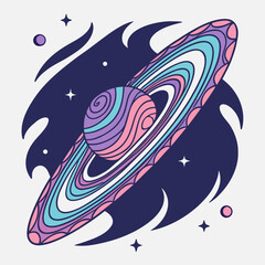 Abstract vibrant saturn planet with colorful rings, stylized stars, and ethereal shapes in deep space, cosmic and dreamy illustration. © Md.Belal