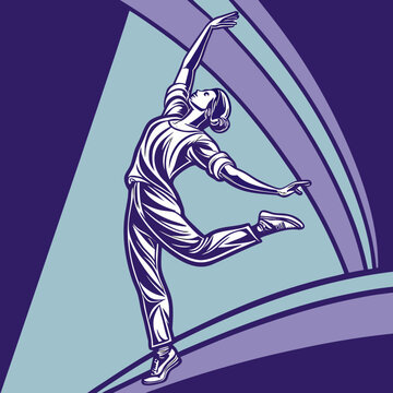 Modern dancer silhouette in expressive pose with abstract background curves representing performance arts movement contemporary style and flexibility.