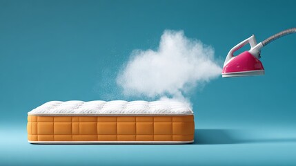 Fototapeta premium Mattress with orange fabric base being steamed by a pink handheld steamer against a solid blue background, showcasing cleaning process for bedding maintenance