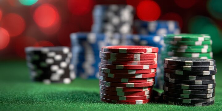 Stacks of Gambling Chips on Green Felt with Bokeh Background Lighting
