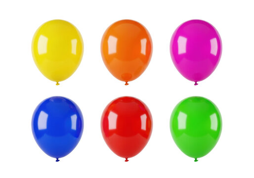 six perfectly spherical, highly reflective mylar balloons in a vibrant 2x3 color grid (yellow, orange, pink, blue, red, green) against a transparent seamless background, emphasizing negative space.