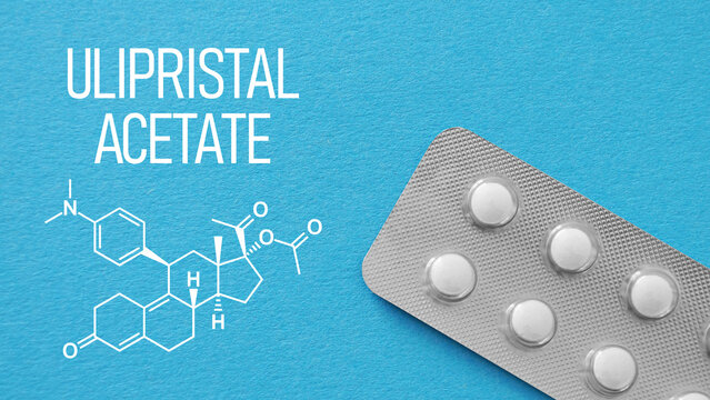 Ulipristal acetate hormone, selective progesterone receptor modulator used for emergency contraception and gynecological treatment, women health, reproductive medicine and pharmaceutical research