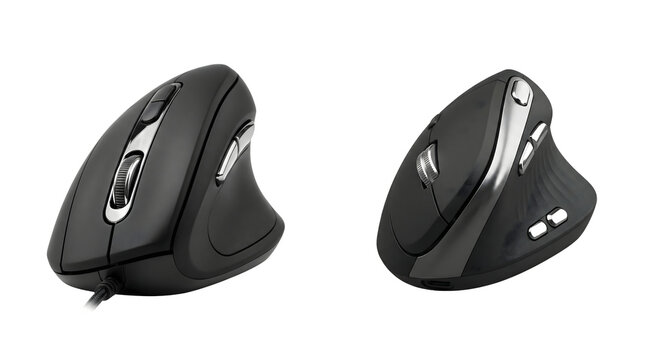 Two different ergonomic vertical computer mice isolated on transparent background