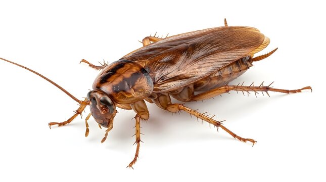 Detailed side view of a large brown cockroach isolated on a white background, showing anatomy including spiny legs, long antennae, and segmented body wings of a household pest insect.