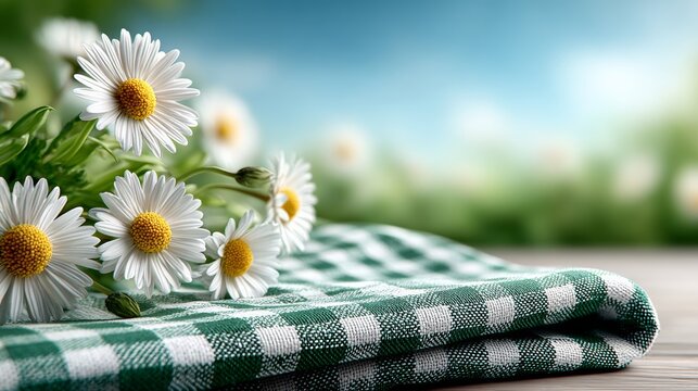 White daisies arranged on a green and white checkered tablecloth with a blurred natural background featuring soft bokeh and greenery in a bright outdoor setting