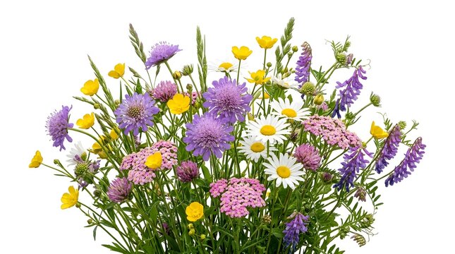 Wildflower bouquet featuring white oxeye daisies, purple field scabious, yellow buttercups, pink red clover, bird vetch, and yarrow flowers, isolated on a white background.