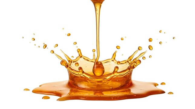 Viscous golden honey or maple syrup pouring and splashing into a pool, creating a crown-shaped splash with flying droplets and ripples, isolated on a white background.