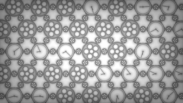 Abstract background of rotating clock faces and mechanical gears in monochrome