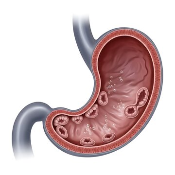 Detailed Cross-Sectional View of Human Stomach with Ulcers.