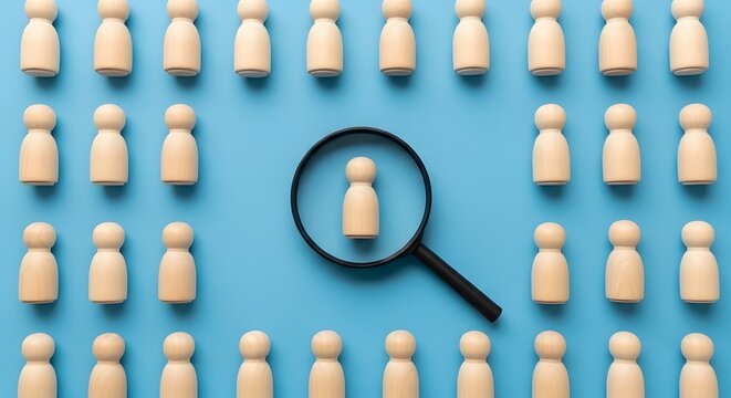 Kaca pembesar menyoroti satu boneka kayu di antara kerumunan pada latar belakang biru