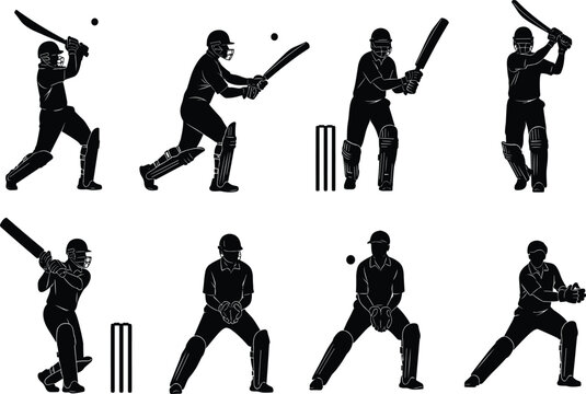 Vector silhouettes of cricket players, batsmen and wicketkeepers in action poses, with bats and stumps, isolated on white background for sports.