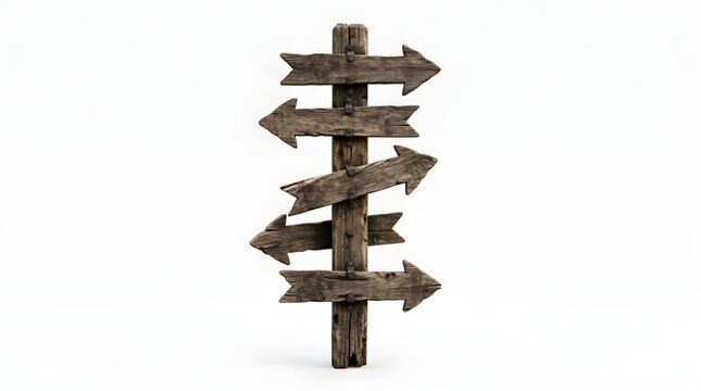 Rustic multi-directional wooden signpost featuring five weathered arrow planks attached to a central timber pole with metal fasteners, isolated on a plain white background.