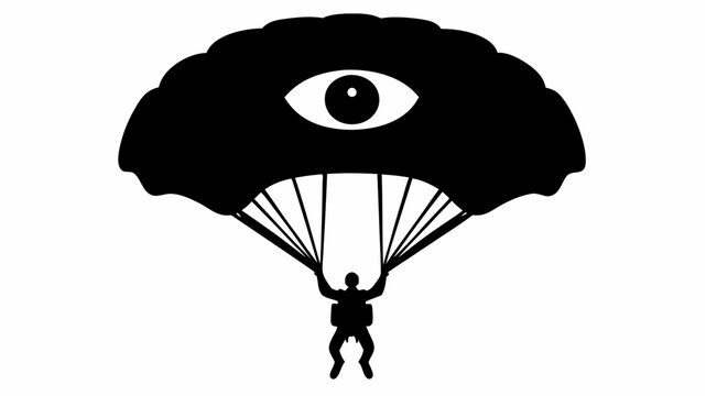 Soldier parachuting with an eye shaped parachute in black silhouette against white background symbolizing surveillance or vision