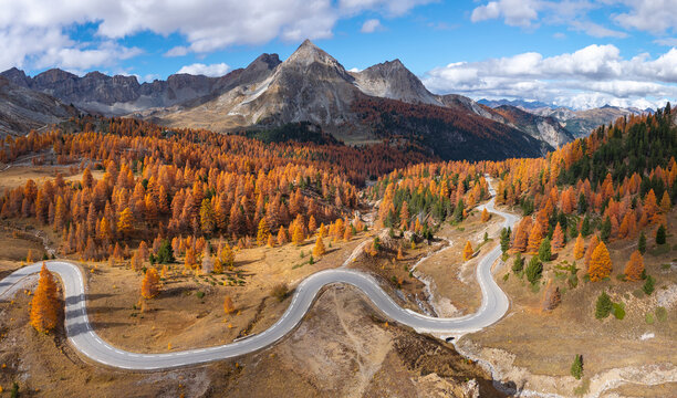 Autumn aerial view of Col d&rsquo;Izoard in the French Alps. Alpine peaks, larch forest, and scenic D902 road winding through Queyras Regional Natural Park, Hautes-Alpes, France