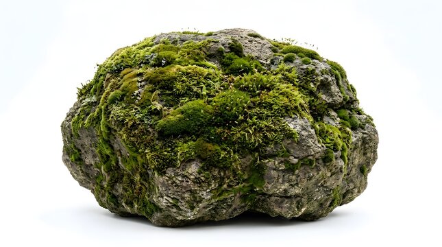 Large grey natural rock covered in thick layers of vibrant green moss and small bryophyte plants, isolated on a white background, showing organic textures and forest flora details.