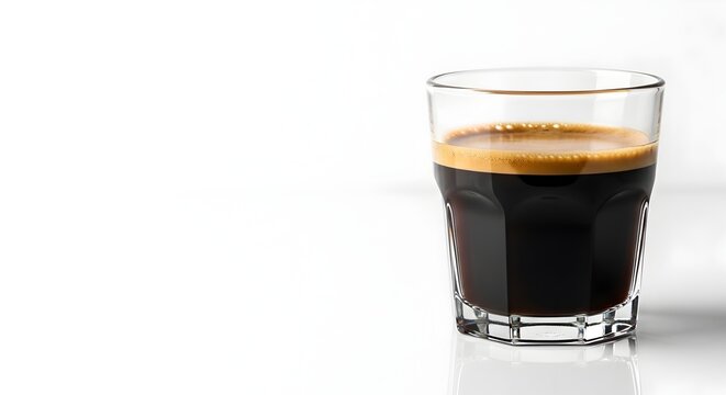 Segelas kecil kopi espresso hitam dengan busa crema di atas meja putih bersih