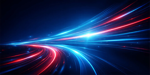 Futuristic night traffic in motion creates a glowing wave of bright light lines and color patterns on the dark road backdrop for a high-speed technology design © LumenCraft