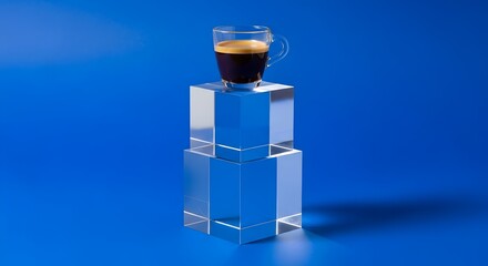 Obraz na płótnie Canvas Secangkir kopi espresso hangat disajikan di atas tumpukan kubus kaca bening dengan latar belakang biru