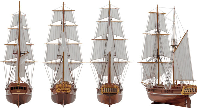 Front view sailing ships collection detailed wooden tall vessels classic maritime nautical transport illustration isolated vector design setFront view sailing ships collection detailed wooden tall ves